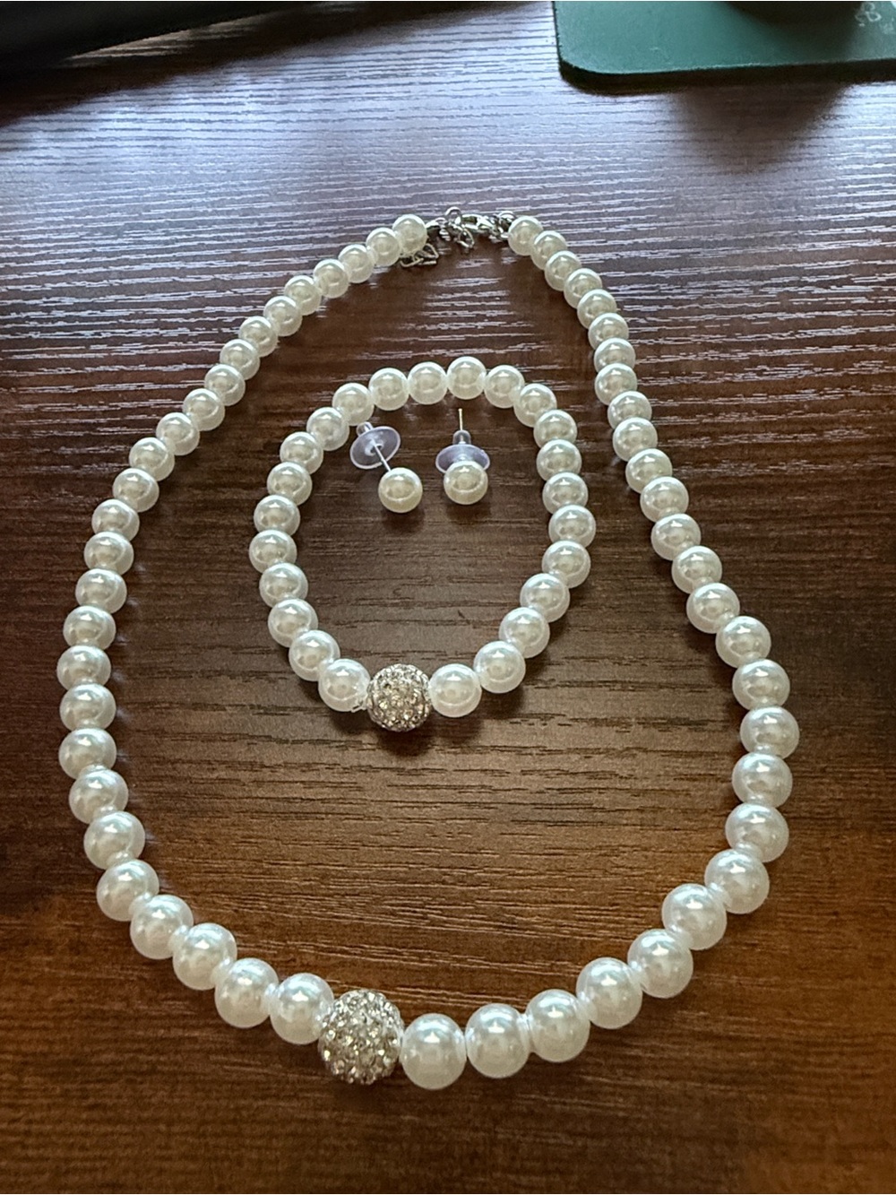 Classic White Pearl Necklace, Bracelet & Stud Earrings Set with Diamond Ball Acc
